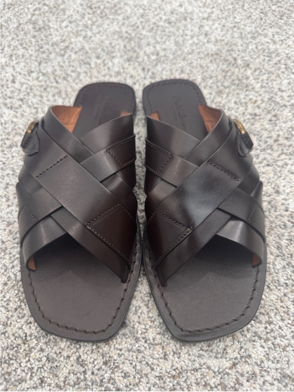 Ralph Lauren Purple Label Stirrup Burnished Dark Brown Leather Sandals Sz 10